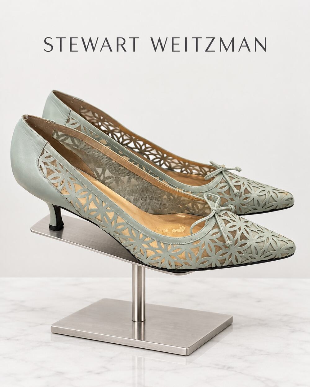 Stuart Weitzman Mint Green Leather Laser Cut Kitten Heel Pumps Women’s 8.5M